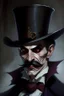 Placeholder: Strahd von Zarovich with a handlebar mustache wearing a top hat with a sinister sneer