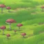 Placeholder: A grass type Pokemon walking through a field of tall and small mushrooms, tiny, made of plants, 4 legged pokemon