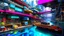 Placeholder: Water-level view of buildings on a canal, made of metal, cyberpunk, many painted colours, floating and flying boats, balconies, bridges, people, shopping, eating, walking, fifth element, ghost in the shell, altered carbon