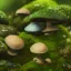 Placeholder: microphotography mushroom growing in a mossy dense lush green woods, high definition, detail, HD, 8k, realistic, 3d rendering, blender, photography, fisheye, bulge, tilt shift blur