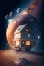 Placeholder: A house in the center of the universe surrounded by different planets and stars and dust. Hyper real, 4k