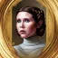 Placeholder: round framed complete and fully detailed head to waist portrait of young carrie fisher as Princess Leia with detailed hairstyle by Mandy Jurgens and mucha and Richard Schmid and chuck close and chie yoshii, beautiful detailed opulent dress,