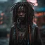 Placeholder: a woman, inspired by Elsa Bleda, afrofuturism, pretty girl standing in the rain, short dreadlocks with beads, russian shaman, beeple and mike winkelmann, demobaza, connection rituals, style of the fifth element, alexander abdulov, dressed as an oracle, taken in 2 0 2 0, hippie fashion, shot with Sony Alpha a9 Il and Sony FE 200-600mm f/5.6-6.3 G OSS lens, natural light, hyper realistic photograph, ultra detailed -ar 3:2 -q 2 -s 750