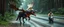 Placeholder: moose dragon rex with powerful wings in forest by the wet shiny road taking a bite of a man on a scooter