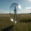 Placeholder: A photo of a transparent balloon with the shape of a woman's body, in the middle of a prarie.