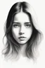Placeholder: A realistic drawing in negative space black ink on white background of a beautiful front view of a young girl with clear white face, all picture is bright white. With long hair