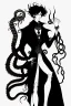 Placeholder: black haired young man necromancer wizard with gothic jewelry and tentacle fingers in the style of Aubrey Beardsley