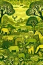 Placeholder: A yellowish green savanna filled with animals designed in African masks