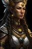 Placeholder: female kalashtar from dungeons and dragons, barbarian class from dungeons and dragons, long and dark hair bound in intricate braids adorned with small feathers and beads, bronzed skin, amber eyes flecked with silver, armor adorned with trophies and tokens such as furs, bones, feathers, and intricate tattoos, realistic, digital art, high resolution, strong lighting