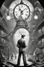 Placeholder: news muscle gambler scientist journalist harlequin playing geese dinosaur reptiles in very bright light bulb factory on the docks with twisted ladders with the most a confused look on his face in front of a huge glass prism clock with angels, in the style of Escher