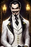 Placeholder: The king of all vampires and monsters, beautiful adult male with a immaculately styled moustache, he has small fanged teeth he is wearing all white formal suit with vest, clothing is intricately detailed,his hands and neck are sleek and tattooed,his face is beautiful,fingernails are painted black,he has glowing yellow eyes,he is smiling snidely, sitting in a garden patio drinking red tea,night and full moon in background,8k quality, highly detailed, immaculate design,in the style of Anne Stokes