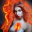 Placeholder: woman made of lava, full face, fire angel, hair on fire, hair made of flames, flames covering breasts, flames all around, only wearing bikini made of flames, extremely detailed, photo style, style of photo, lava background, smokey sky