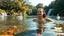 Placeholder: very beautifu lady is Breaststroke swimming in a beautiful river in country side with water falls and big tree,wild flowers and, swans pertty coloful fishes in river ,a pretty وbutterflies around flowers,heaven escape,