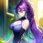 Placeholder: Clear focus, 8k, beautiful lighting, vibrant colors, girl, purple hair, long hair, vibrant green eyes, ponytail, messy hair, hair in between the eyes,