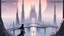 Placeholder: skinny sci-fi girl with long dark hair on an alien planet with tall spires, buildings, bridges, and arches