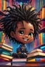 Placeholder: A sassy futurism ABSTRACT colorful art cartoon black chibi BOY LOOKING DOWN, surrounded by colorful BOOKS. Looking up coyly, she grins widely, showing her Teeth. Highly detailed black shiny dread locs , regal expression.