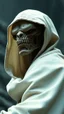 Placeholder: The creature from the the movie Prometheus with white hooded clothes looking behind