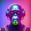 Placeholder: A beautiful portrait of a cyborg monkey purple neon color scheme, high key lighting, volumetric light high details psychedelic background