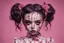 Placeholder: full color, illustration of a darkred and pink tones, menacing, Singer Melanie Martinez face, as a decayed, broken, skin turned translucent, black veins that extended like roots beneath her skin, latex suit, crude homemade cloth doll toy, with a narrow cracked porcelain face, thick dark eyebrows, hair in two gradually, made from ragged strips of cloth, in the style of Alex Pardee, Tim Burton, and Nadya Sheremet