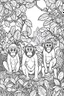 Placeholder: Outline art, no shading, monkeys full body in the garden, cartoon style, black and white, low detail, --ar 9:11