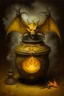 Placeholder: Living cauldron with yellow sigil, slightly demonic bat in it, prize winning oil painting