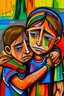 Placeholder: a girl hug her brother and both crying sadly, expressionism, Pixar style, in abstract art Basquiat, Picasso, Miro, Kandinsky, Klee, Birell, Fairey, Ardon, Buffet and Picasso style, HD --s 750 --v 5.1 --style raw, water color