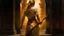 Placeholder: Realistic oil painting of a woman's backside, accentuated by the glow of an aureole behind her, holding an axe in one hand and standing in front of the ancient city of Babylon. Inspired by the works of John Singer Sargent and Albrecht Dürer, this highly detailed piece captures both sensuality and power. The use of warm colors and soft lighting adds to the realism and depth in this portrait. A true masterpiece for any art collector or enthu