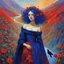 Placeholder: Art by Alice Rahon, Richard Burlet, Odilon Redon, Raymond Swanland, Andrey Remnev, Conrad Roset; Rebellious ravishing girl Rachel, regal in royal blue and ribuli, roaming through the radiant realm of the rainbow river valley with her ruby colored hair, meets a rare raven in a rolling hills of resplendent roses and rustling reeds, under a riotous reflective hues sky.