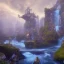 Placeholder: New Land by Einstein with waterfalls, 3d, high detail, symbols, 4k, ray traing, render, future punk, steam punk, magic in blue colors, orcs fighting