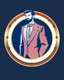 Placeholder: A circular logo with a vector of a groom in a formal suit at the top of the logo in a blue, red, white, gold, and silver color theme.
