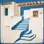 Placeholder: Minimalist abstract cyanotype photo of stairs outside a Greek house