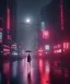 Placeholder: circular white moon, 3D, beautiful, light reflecting, empty city, midnight, rainy night, neon, cyberpunk, person walking