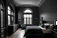 Placeholder: arched ceiling dark grey bedroom in the minimalistic townhouse with two windows