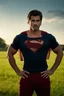 Placeholder: Full-length image, head to toe, create a photorealistic portrait of an extremely muscular Tom Welling Superman as an old man, with (dyed black hair:1.3), and gray temples and sideburns, standing outside the Kent Farmhouse in a green field with his hands on his hips, in the late afternoon, with natural sunlight casting warm golden light across his face revealing every wrinkle and the texture of his skin, sharp focus on his eyes showing depth, moisture, reflections, with a soft bokeh background