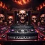 Placeholder: DJ of the damnded, insanely detailed DJ booth in hell, MID set, speakers and equipment made of bone, anatomically correct, add more skulls in th audience, photorealism, vray, 8k 3d