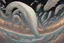 Placeholder: View into an event horizon in space with many enormous strange tentacled whale-like creatures with many huge faceted eyes and mouths, flying around