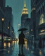 Placeholder: An atmospheric, noir-style illustration of a rainy cityscape at night, featuring glowing streetlights reflecting off the wet pavement, towering Art Deco skyscrapers, and a mysterious figure holding an umbrella, evoking a sense of intrigue and timelessness.thin line draw