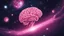 Placeholder: Comic style, bare transparent pink human brain flying trough the universe, background galaxy's