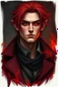 Placeholder: Make a man in his mid 20's with a lithe build, give him reddish-pink skin and dark red hair. Make his eyes black, with a red glow like coal. Make his ears slightly pointed and dress him like a thief. Make him incredibly handsome and charismatic. Add fire to his eyes and hair.