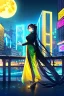 Placeholder: girl, masterpiece, best quality, cinematic lighting, detailed outfit, perfect eyes, black hair, golden eyes, long hair, ponytail, girl standing in a modern cityscape at night with a bright yellow moon in the background, detailed cityscape illustration, neon lights, vibrant colors, dramatic lighting,