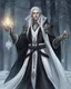 Placeholder: a young high elf frost Wizard with long wiry hair, wearing a black trimmed white nobleman's robe and frost ornaments on clothes