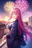 Placeholder: girl, masterpiece, best quality, cinematic lighting, detailed outfit, vibrant colors, perfect eyes, long hair, pink hair, blue eyes, kimono, fireworks, laughing, town, looking back,