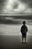 Placeholder: desaturated oil painting of boy on beach, old clothes, dark storm clouds overhead, gloomy, bleak, little fires