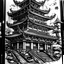 Placeholder: Black and white, tattoo sketch, Japanese traditional, traditional architecture, cyberpunk style,