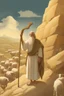 Placeholder: Moses stands on a mountain and holds a crooked wooden staff. Next to HIM ARE SEVERAL SHEEP, at HIS feet are stone tablets on which the ten commandments of God are written, and below is a valley with cities of Palestine where milk and honey flow. sand, palm trees and mountains. There is a silhouette of God in the sky. Everything is painted in oil painting with high-quality drawing of details