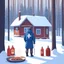 Placeholder: a sad Finnish man without food on his plate, outside his house in the forest, Winter, snow, very cold, Finnish flag down at half way up, Finnish flag, a bottle of Koskenkorva in his hand, knifes and sauna, Simon Stålenhag style