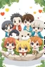 Placeholder: Adorable chibi five anime caracters happy group sitting together on White Background, cartoon mood