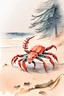 Placeholder: Red scorpion on a cold northern beach with pine trees and greybrown sand. Cheery dreamy watercolor