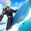 Placeholder: ONE anime blonde boy, riding the perfect waves, standing and balancing on a surfboard, going through a huge wave, brave