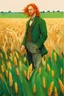 Placeholder: (he looks like Courtney Gains) malachai of the corn, a handsome young delicate beautiful softly freckled man in his 20s with green eyes and long, curly red hair, lost in the deep green cornfield, elegant, clear, painting, stylized, art, art by alphonse mucha, vincent van gogh, egon schiele